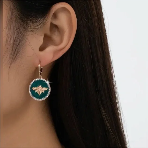 💛 Green, Gold & Bling Dangle Earrings - Picture 3 of 4